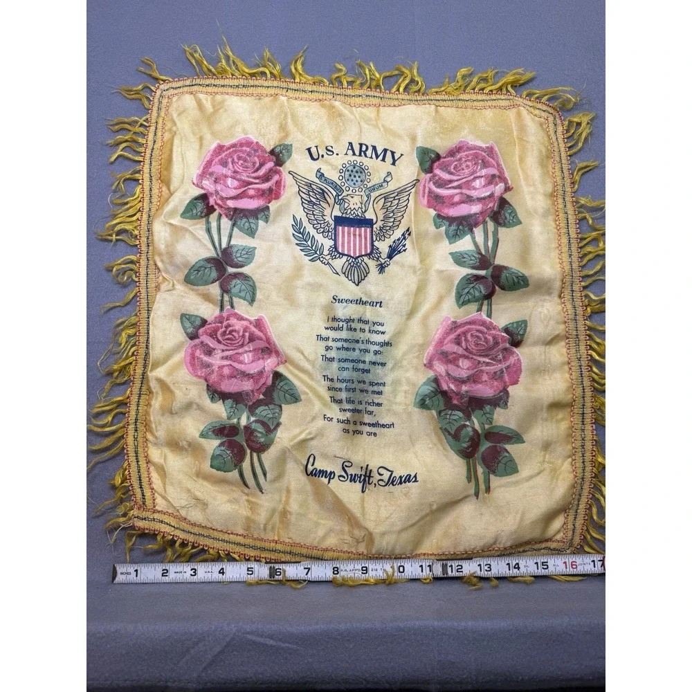 VTG US Army Sweetheart Rose Fringed Satin Pillowcase Cover Fort Swift Texas